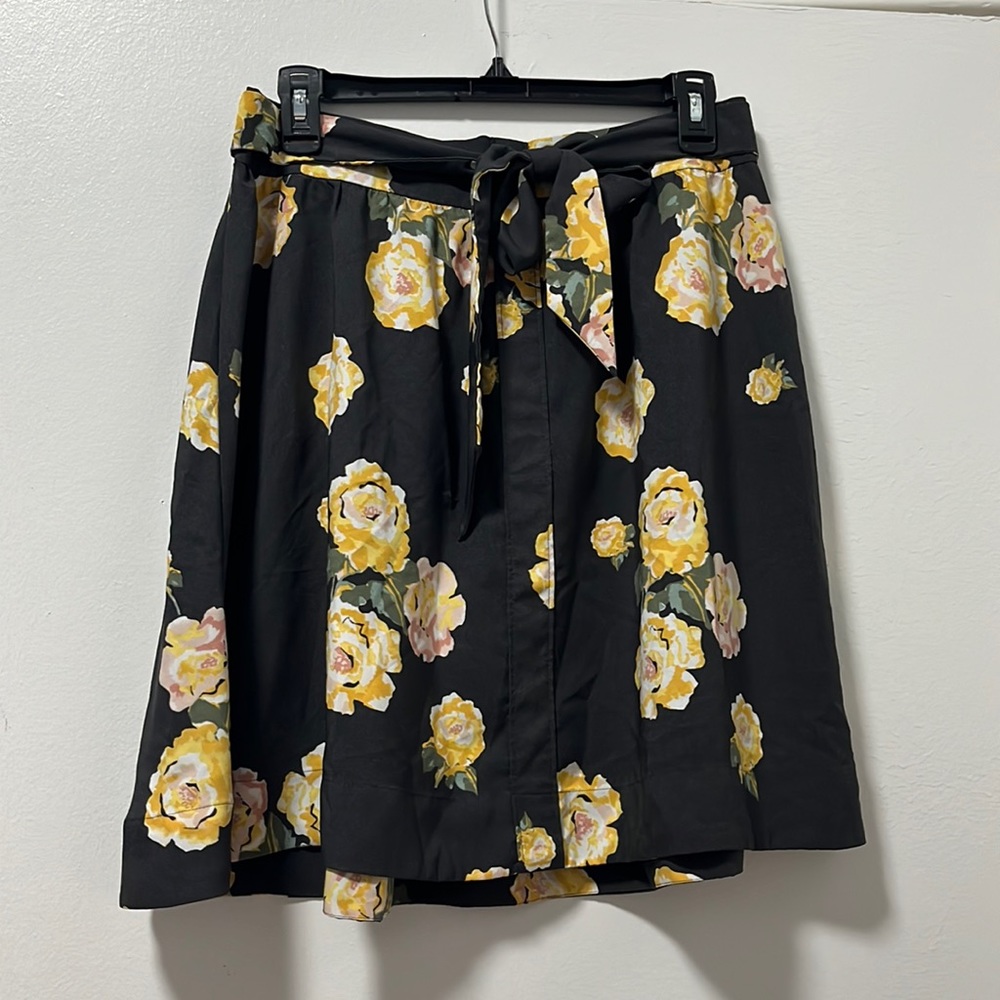 Grey and Yellow Floral Skirt with Tie Belt